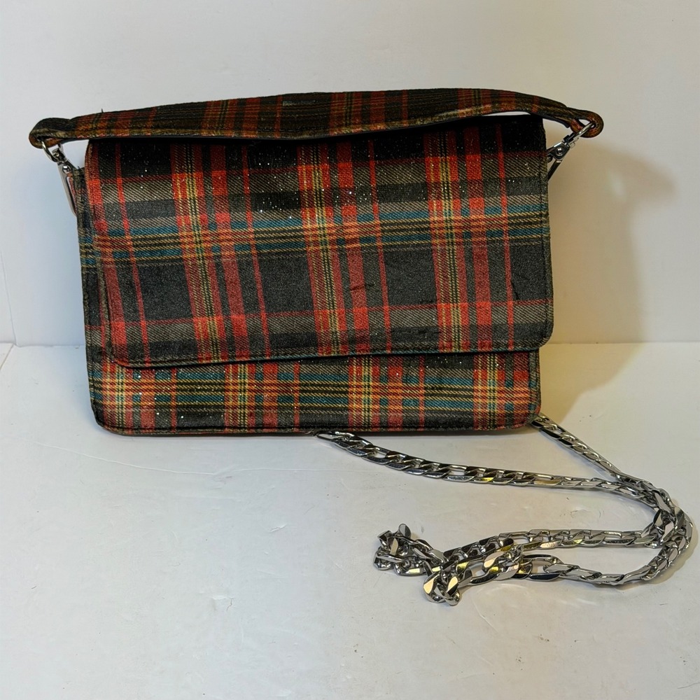 Beck Sondergaard Red Black Plaid Glitter Crossbody Bag Silver Chain Strap